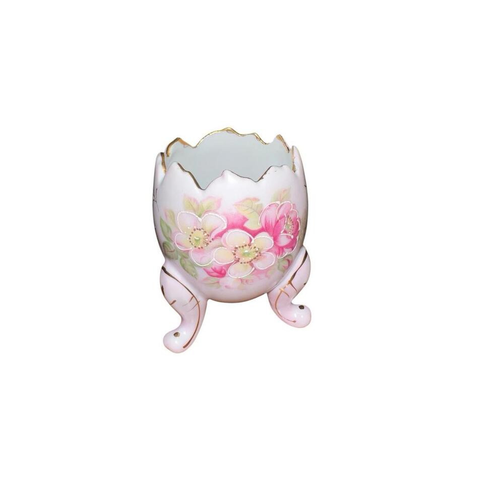 Vintage Inarco Porcelain Small Cracked Egg Three Footed‎ Pink & Gold Floral Vase